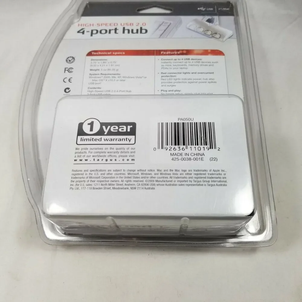 Targus PA050U High Speed 2.0 USB 4 Port Hub PC & Mac New Sealed